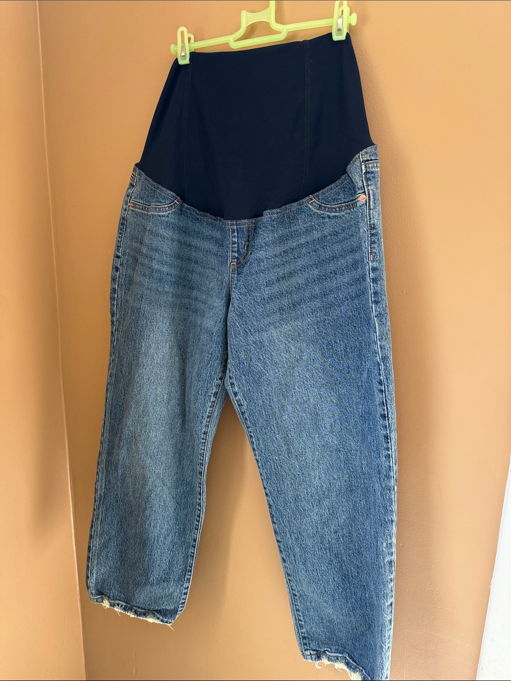 Maternity Plus-Size Blue Denim Overbump Jeans with Black Knit Waistband